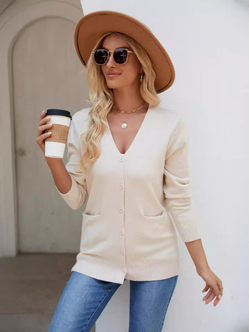 Woochic pull cardigan col en v manches longue simple boutonnage abricot S